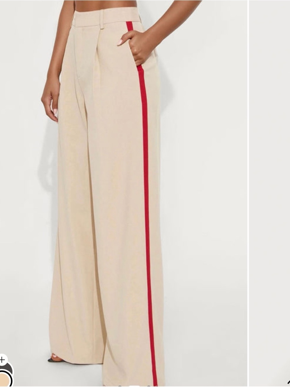 Fashion Nova Cream Wide-Leg Trousers with Red Side Stripe